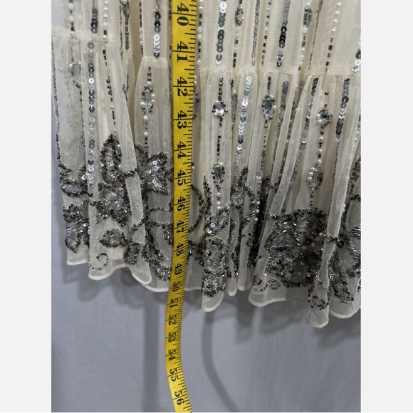 NWT $578 Mac Duggal [ 10 ] Embellished Beaded Flounce Sleeve Midi Dress‎ Cream - Picture 7 of 15